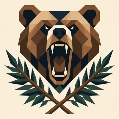 a roaring bear head above crossed pine branches, bold graphic composition on a plain background, no text