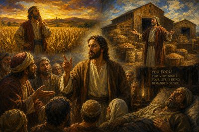 13 Someone in the crowd said to him, “Teacher, tell my brother to divide the family inheritance with me.” 14 But he said to him, “Friend, who set me to be a judge or arbitrator over you?” 15 And he said to them, “Take care! Be on your guard against all kinds of greed, for one’s life does not consist in the abundance of possessions.” 16 Then he told them a parable: “The land of a rich man produced abundantly. 17And he thought to himself, ‘What should I do, for I have no place to store my crops?’ 18 Then he said, ‘I will do this: I will pull down my barns and build larger ones, and there I will store all my grain and my goods. 19 And I will say to my soul, Soul, you have ample goods laid up for many years; relax, eat, drink, be merry.’ 20 But God said to him, ‘You fool! This very night your life is being demanded of you. And the things you have prepared, whose will they be?’ 21 So it is with those who store up treasures for themselves but are not rich toward God.” 
–  Luke 12:13-21
