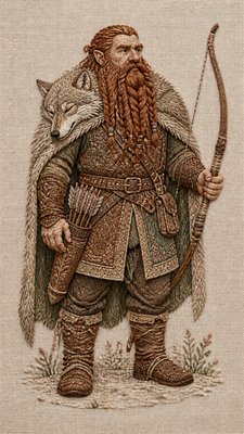 full-body original character: a dwarven ranger with a braided auburn beard, worn leather armor, a longbow and a wolf-pelt cloak, neutral background, no text