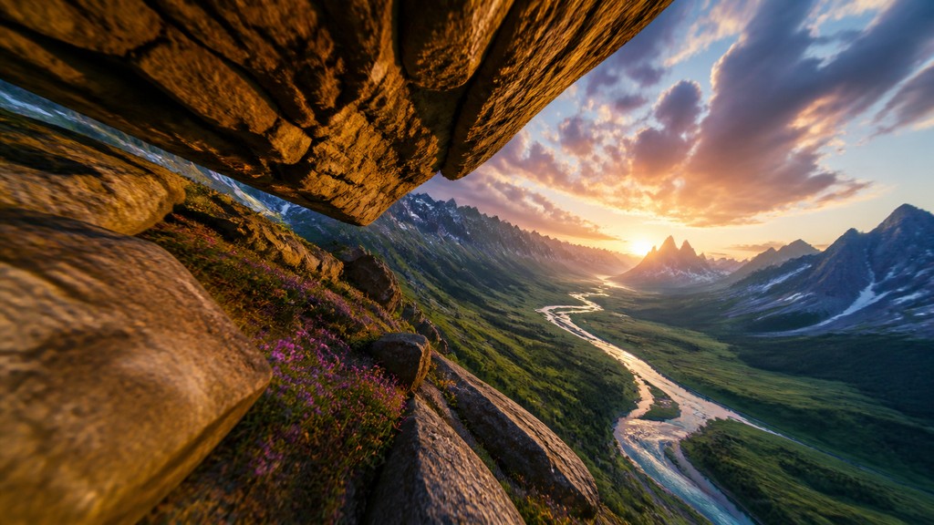 a vast valley with a river winding toward distant mountains at sunrise, no people, no text