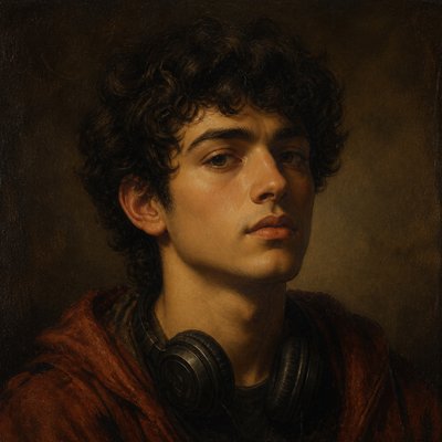 head-and-shoulders portrait of an original character: a young man with curly dark hair and headphones around his neck, plain backdrop, no text