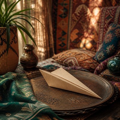a paper plane, clean minimal composition on a plain background, no text