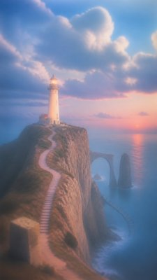 a lone lighthouse on a cliff at dusk under a dramatic sky, no text or lettering