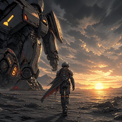a solitary figure walking toward a glowing horizon across an empty plain, moody atmosphere, no text or lettering