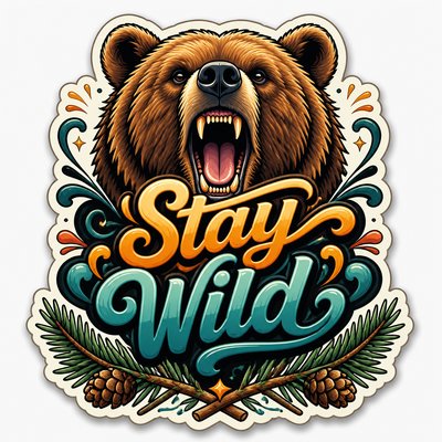 a roaring bear head above crossed pine branches, bold graphic composition on a plain background, no text