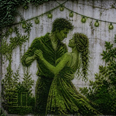 an original couple dancing under string lights in a garden at dusk: a man with short black hair in a linen shirt and a woman with braided red hair in a summer dress