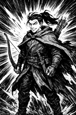 a drawing of a man in a green outfit with a bow and arrow