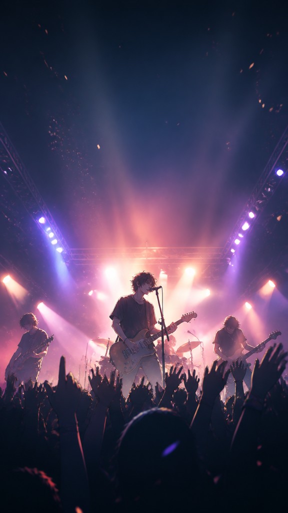 a live music scene with a glowing stage and silhouetted crowd, energetic vertical composition with open space at the top, no text