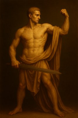 a painting of a man holding a sword