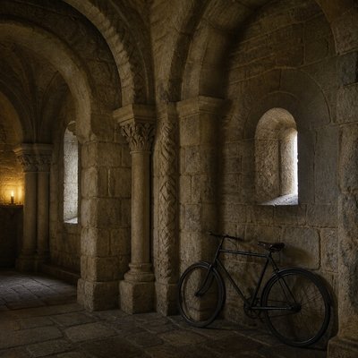 bicyle resting against a wall — Romanesque Architecture