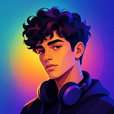 head-and-shoulders portrait of an original character: a young man with curly dark hair and headphones around his neck, plain backdrop, no text