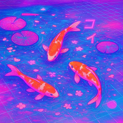 A koi pond seen from above, orange and white koi fish swimming among lily pads, clear water with subtle ripples, fallen cherry blossom petals floating on the surface, dappled sunlight