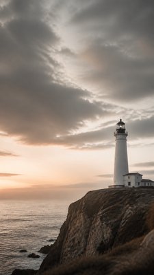 a lone lighthouse on a cliff at dusk under a dramatic sky, no text or lettering