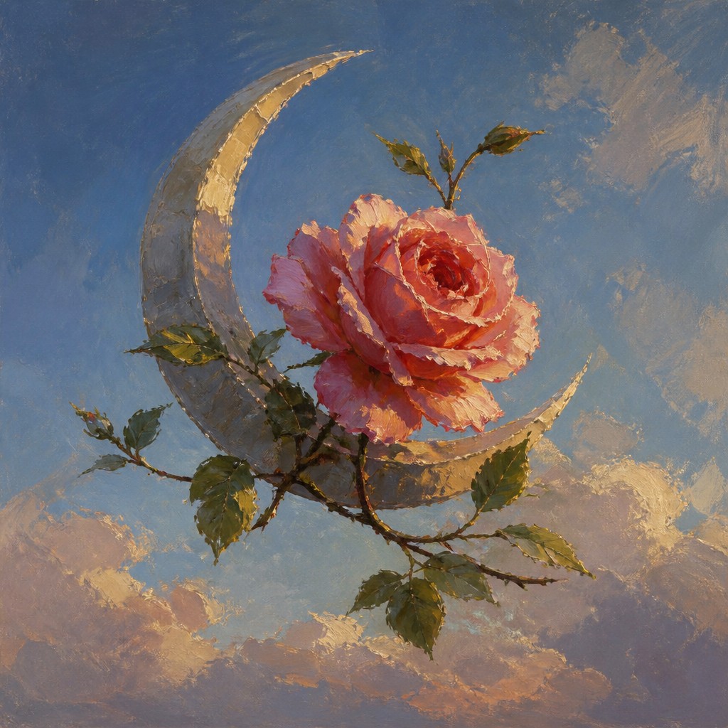 a rose entwined with a crescent moon, clean balanced composition on a plain background, no text