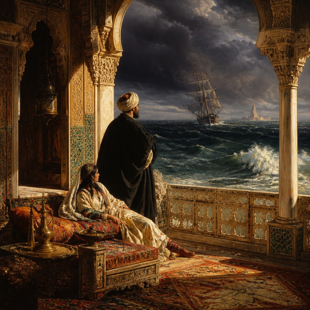 sailing ship on a stormy sea — Orientalist Painting Style