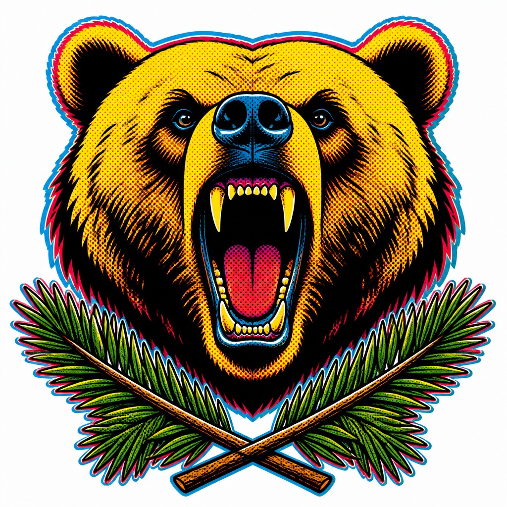 a roaring bear head above crossed pine branches, bold graphic composition on a plain background, no text