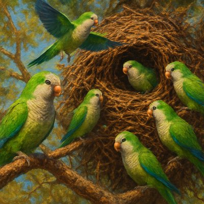Oil Painting Art Style, a lively scene showcasing multiple vibrant Quaker Parrots (Monk Parakeets) in crisp detail, actively perched, interacting, and flying around their extraordinary communal stick nest. The nest, a massive and intricate structure woven from countless twigs, serves as a striking backdrop, resembling a complex, multi-chambered apartment building for birds high within a large, leafy tree. The focus is primarily on the parrots themselves: their distinctive bright green plumage, grey chests, and intelligent, curious eyes are rendered with exquisite detail. Several parrots are clearly visible, their individual feathers, beaks, and expressions highlighted. The setting is bright and lively, illuminated by clear, natural sunlight, casting detailed shadows. Focus on the vibrant colors and fine feather details of the Quaker Parrots, their lively activity, and the impressive scale and texture of their communal stick nest as an integral part of their environment.