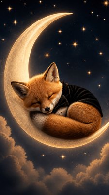 a sleeping baby fox curled on a crescent moon among soft stars, gentle and warm, no text