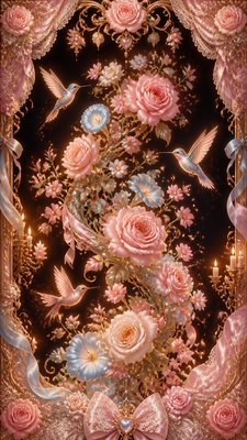 a climbing vine of flowers and hummingbirds on a dark background, tall wrapping composition, no text
