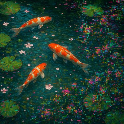 A koi pond seen from above, orange and white koi fish swimming among lily pads, clear water with subtle ripples, fallen cherry blossom petals floating on the surface, dappled sunlight