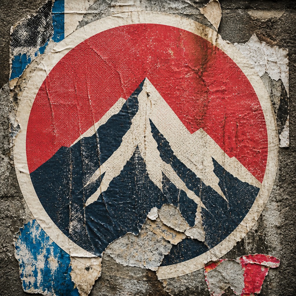 an emblem of a mountain peak inside a circle, simple bold shapes on a plain background, no text or lettering