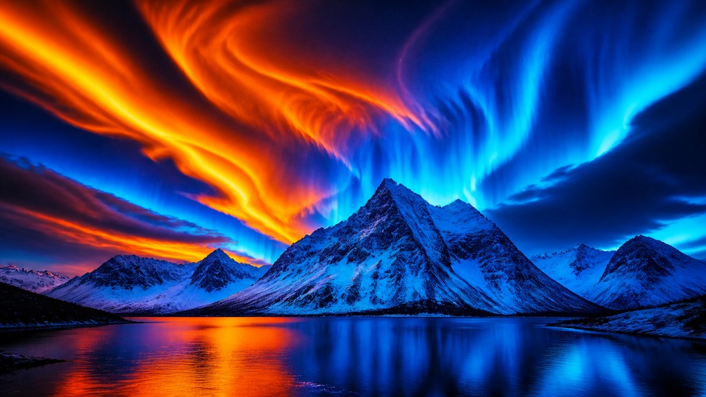 a flowing aurora over snowy peaks, wide sweeping composition, no people, no text