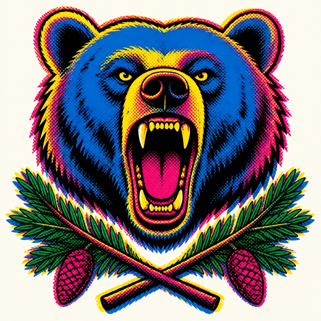 a roaring bear head above crossed pine branches, bold graphic composition on a plain background, no text