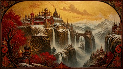 a cliffside city with waterfalls cascading into a misty canyon, wide establishing shot, no people, no text