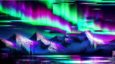a flowing aurora over snowy peaks, wide sweeping composition, no people, no text