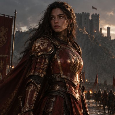 Je veux que tu me fasses une hyper realiste guerriere, tres modern avec une armure moderne genre full rouge sombre or foncé or sombre et voile en soie mais juste un peu si besoin mais elle une armure, le voile c’est juste histoire de rajouter du tissu et des cheveux longs ondulés noir et elle a des yeux dore brillant, on dirait presque une deesse de l’angleterre antiquz ancien avec l’ethnie, un corp realiste et un visage realiste ne me fait pas un truc idéalise