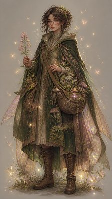 full-body original character: a wandering botanist with a satchel of plants, a patched green cloak, tall boots and round glasses, neutral background