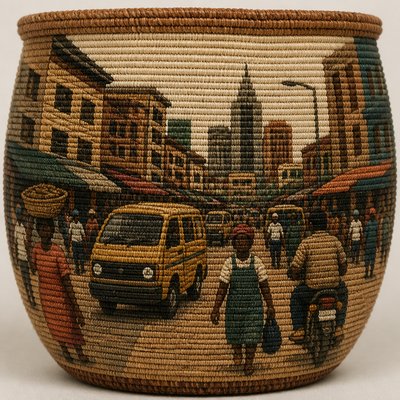 urban street with city activity — Basketry Art Style