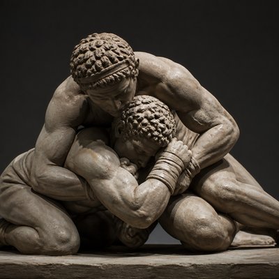 ancient greek boxers grappling on the ground 