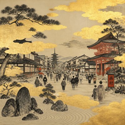 urban street with city activity — Kyoto Zen Art Style