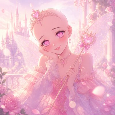 Bald pink fairy princess with a wand and heart eyes