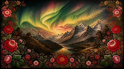 a flowing aurora over snowy peaks, wide sweeping composition, no people, no text