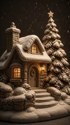 a snow-covered cottage with warm glowing windows beside a decorated pine tree, gentle snowfall, no text