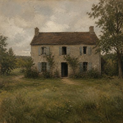 house with front view — Barbizon School Art Style