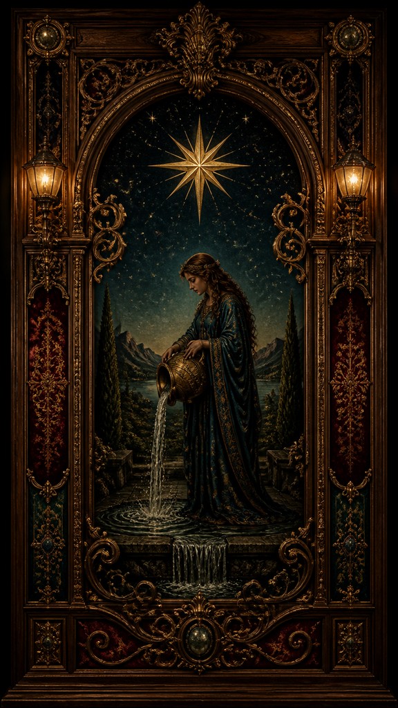 a robed figure pouring water beneath a large eight-pointed star in a night sky, symmetrical composition with an ornate decorative border, no text