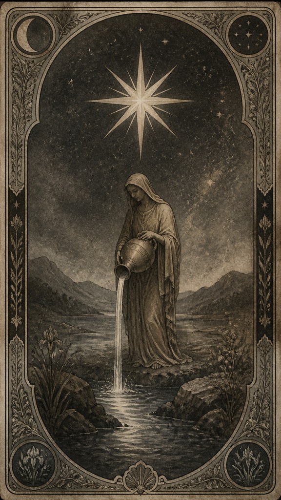 a robed figure pouring water beneath a large eight-pointed star in a night sky, symmetrical composition with an ornate decorative border, no text