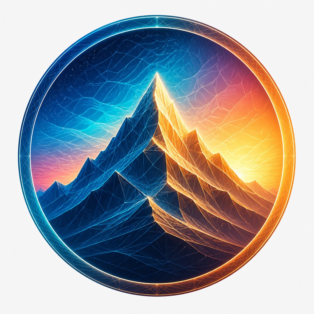 an emblem of a mountain peak inside a circle, simple bold shapes on a plain background, no text or lettering