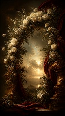 an arch of white roses and eucalyptus in soft morning light, elegant vertical composition with open space, no text