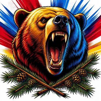 a roaring bear head above crossed pine branches, bold graphic composition on a plain background, no text