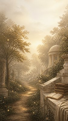 a mysterious forest path with fireflies and drifting mist, atmospheric vertical composition with open space at the top, no text