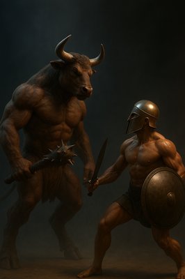 a man in a helmet holding a sword next to a bull