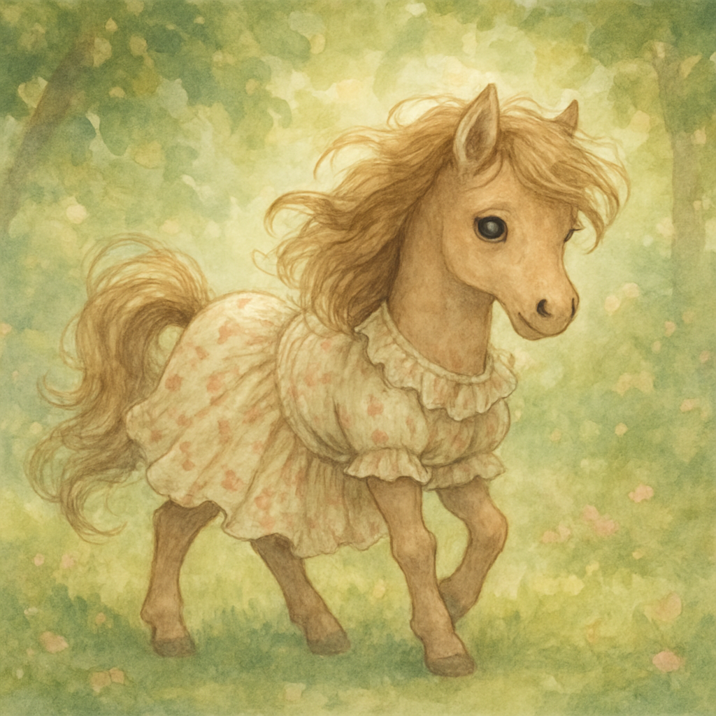 whimsical little horse, intricate details, watercolor-dream mood, gentle movement in the mane and tail, expressive eyes, cinematic depth and color, only the little horse is present in the image