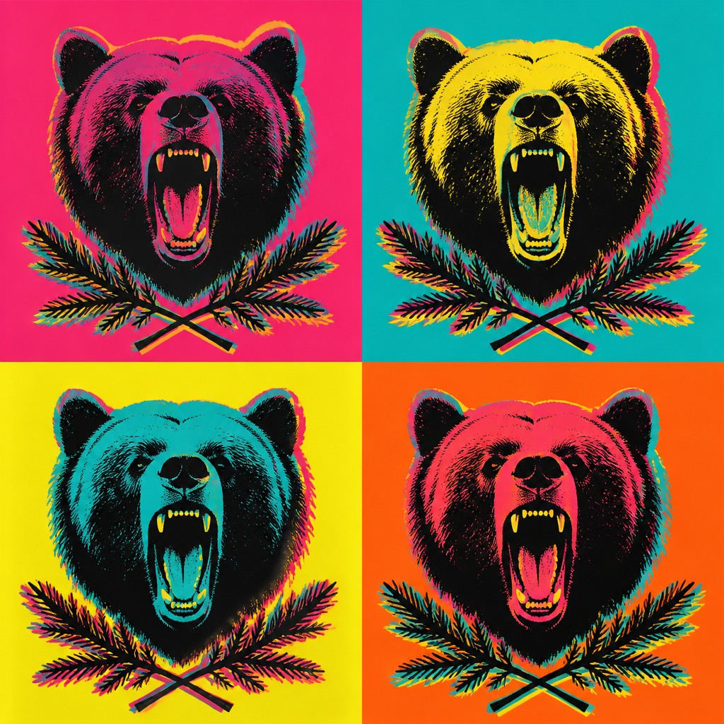a roaring bear head above crossed pine branches, bold graphic composition on a plain background, no text