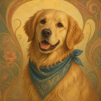portrait of a golden retriever wearing a blue bandana, warm plain backdrop, no text