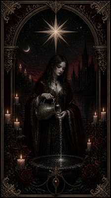 a robed figure pouring water beneath a large eight-pointed star in a night sky, symmetrical composition with an ornate decorative border, no text