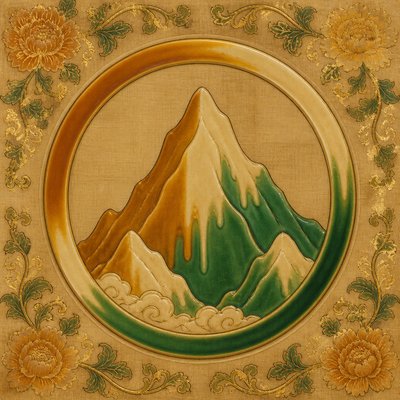 an emblem of a mountain peak inside a circle, simple bold shapes on a plain background, no text or lettering